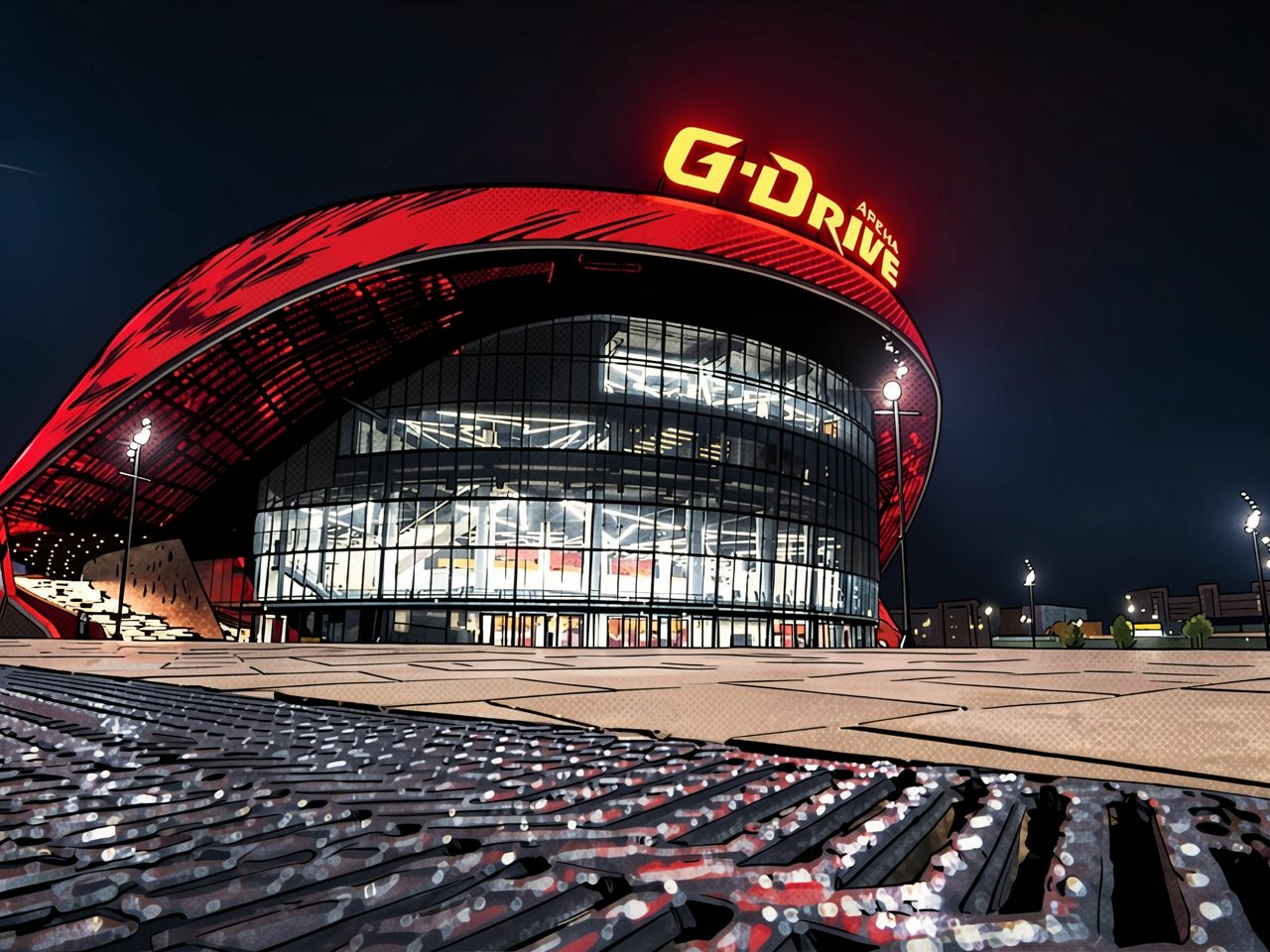 Nachtansicht einer Arena mit rotem gewölbtem Dach und Glasfassade, aus niedriger Perspektive aufgenommen