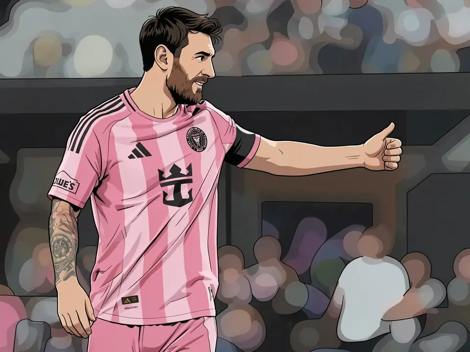 Messi in pink Inter Miami kit gives a thumbs-up with stadium crowd behind him