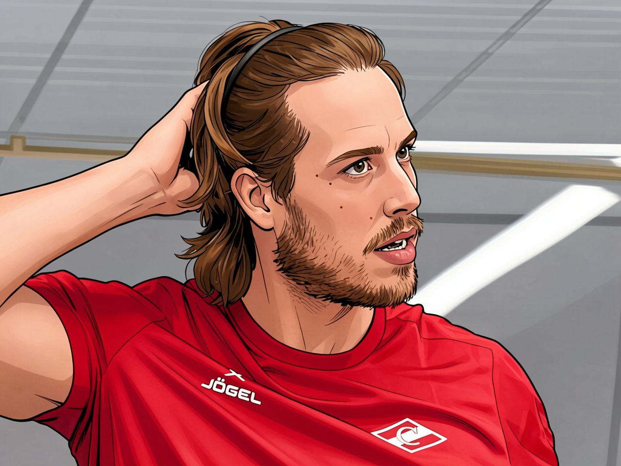 Portrait of a footballer in a red training shirt with long hair and a beard.