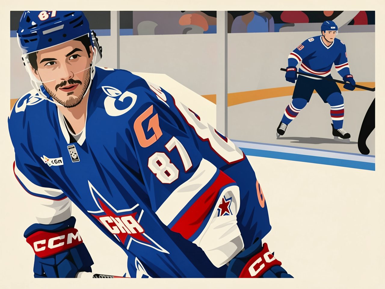 A hockey player in a blue jersey leaning forward on the ice with a stick.