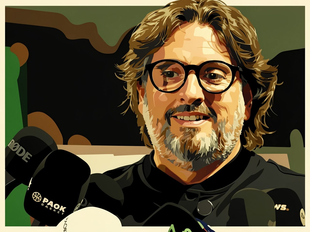 Portrait of a man in glasses and a black jacket speaking into microphones.