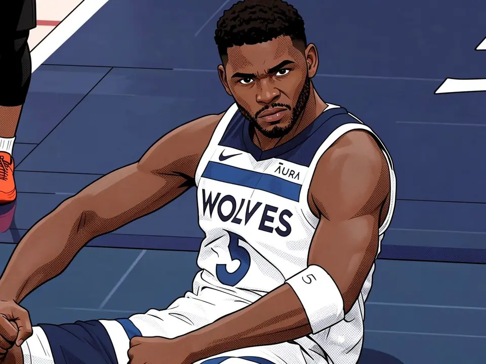 Энтони Эдвардс в форме «Миннесоты» сидит на паркете, на майке надпись WOLVES и номер 5