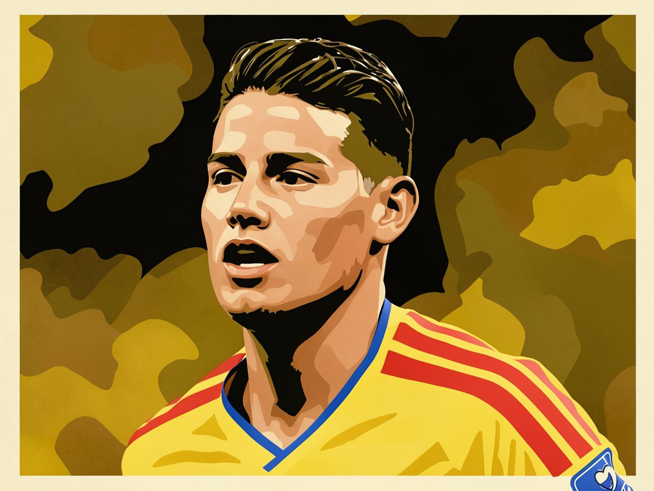 Close-up of a football player in a yellow Colombia kit looking off to the side.
