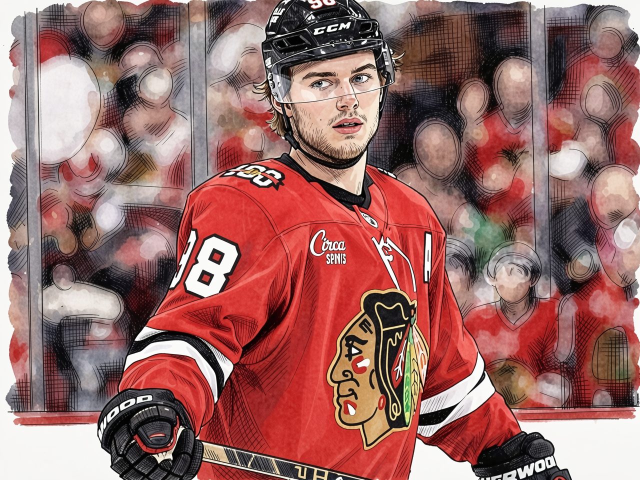 A young hockey player in a red jersey with number 98 stands on the ice holding a stick.