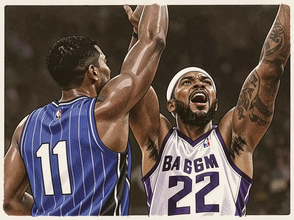 Glen Davis in white Celtics jersey (22) and Isaiah Thomas in blue Magic jersey (11) battle under the basket