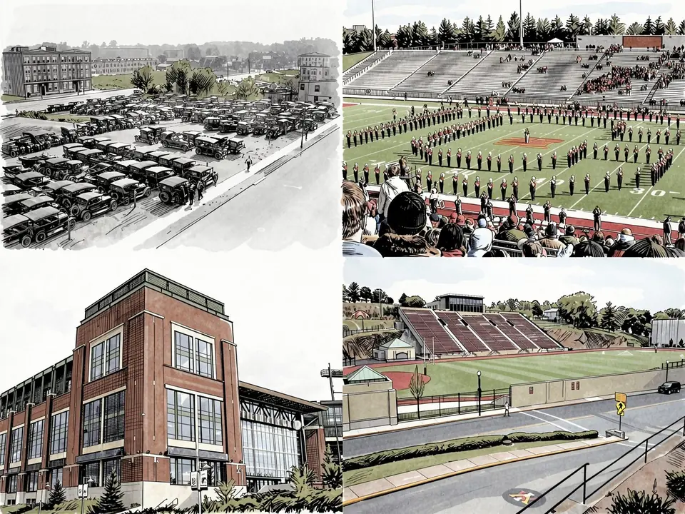 Vier Illustrationen von American-Football-Stadien: Parkplätze mit Retro-Autos, Marschierende Orchester auf dem Feld, Tribünen und Stadiongebäude