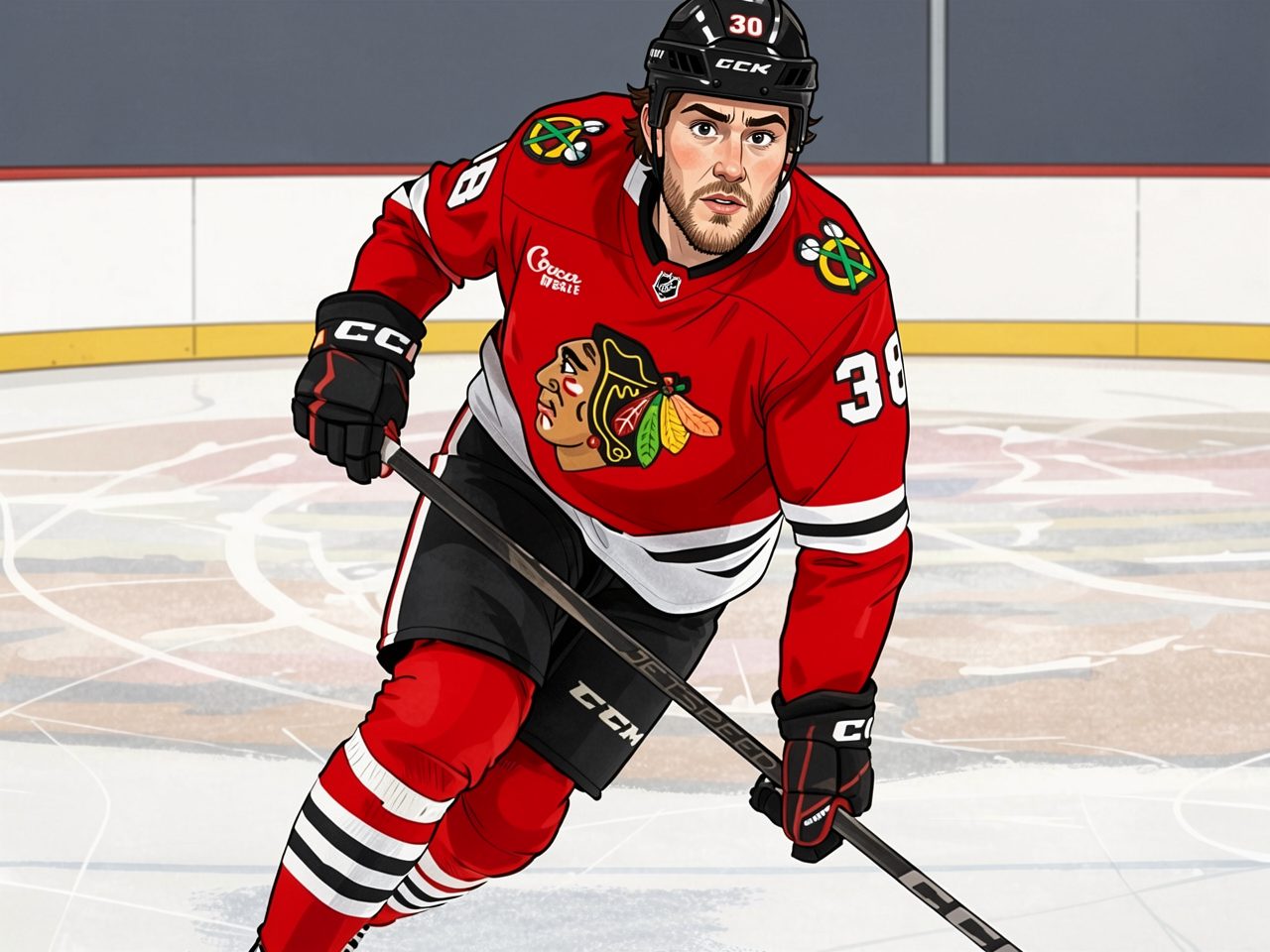 Ethan Del Mastro in rotem Chicago Blackhawks-Trikot mit Schläger auf dem Eis, Nummer 30.