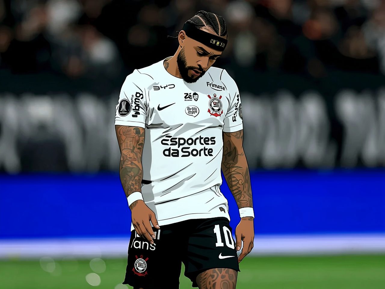 A Corinthians player in a white kit with number 10 stands on the pitch looking down with a disappointed expression.