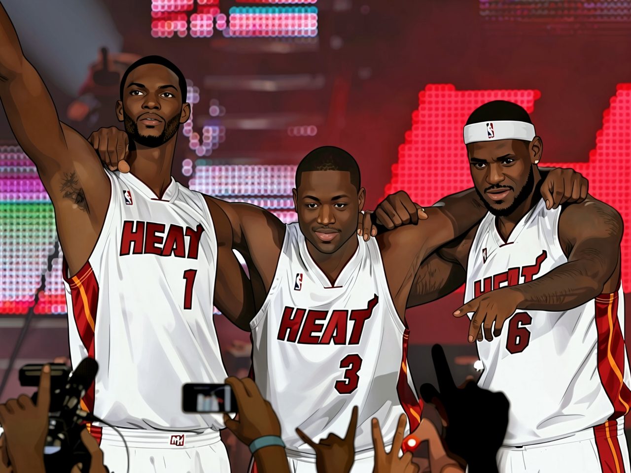 Mario Chalmers, Chris Bosh and LeBron James in 2011 Heat kit