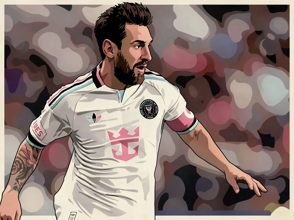 Messi in Inter Miami's white kit with pink logo and captain's armband on the pitch