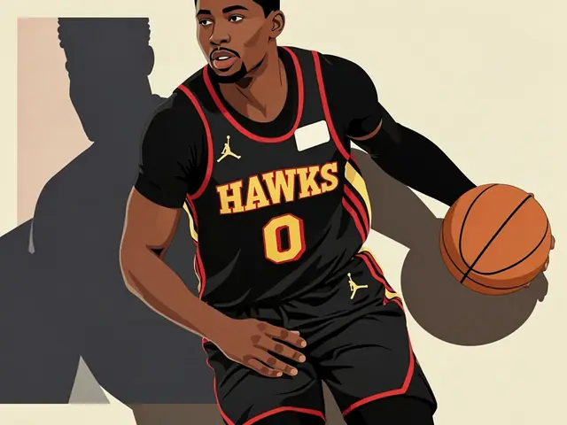 Баскетболист в чёрной форме с надписью HAWKS ведёт мяч на площадке