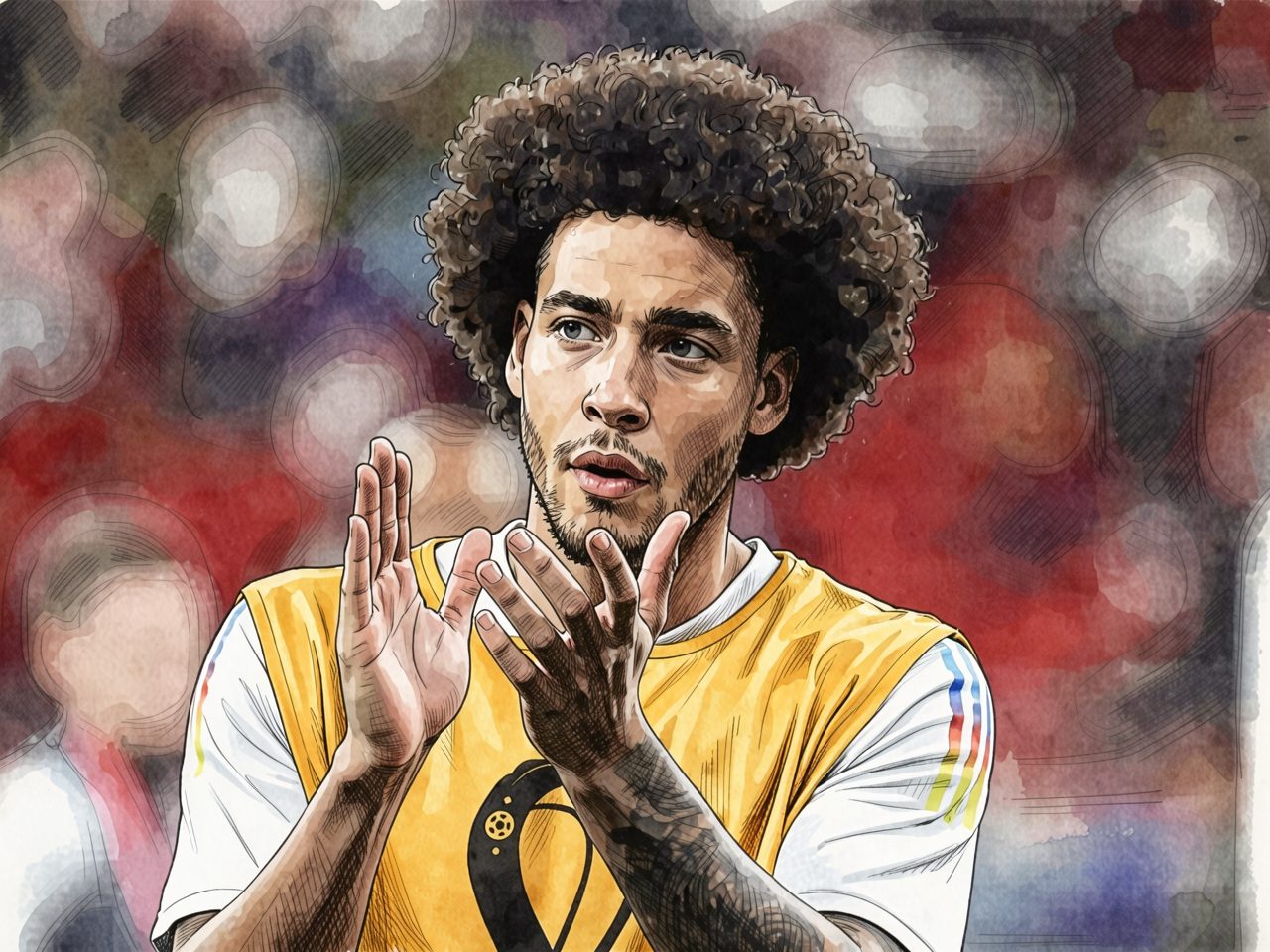 Ein Fußballer mit Afrofrisur in einem gelben Trainingsweste klatscht in die Hände.