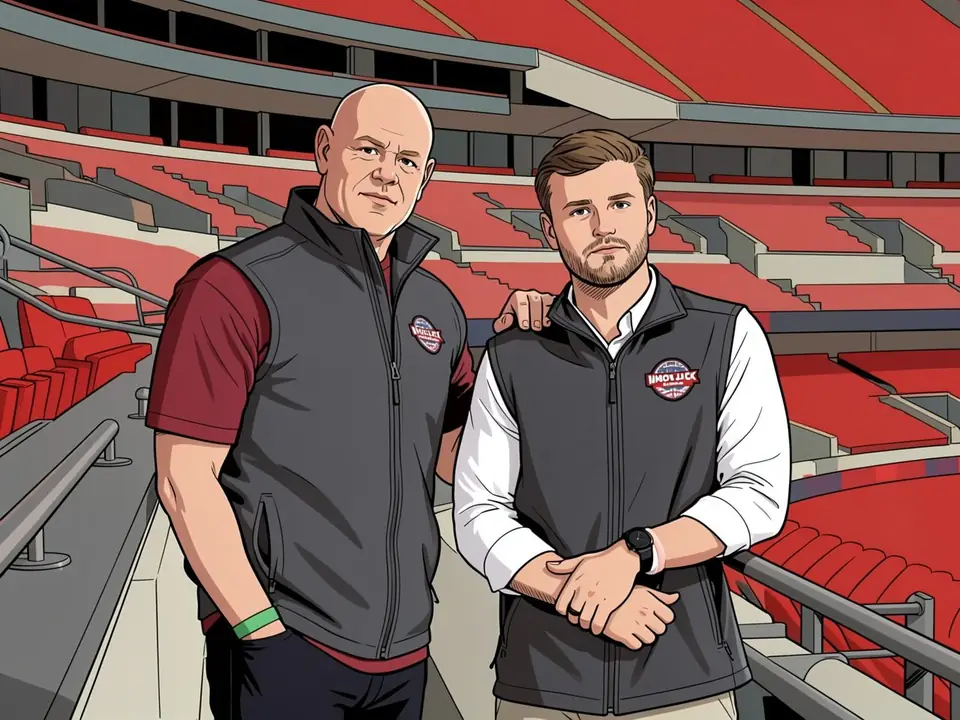 Brian Dubisky and his son stand on Wembley stadium stands in grey vests with logos