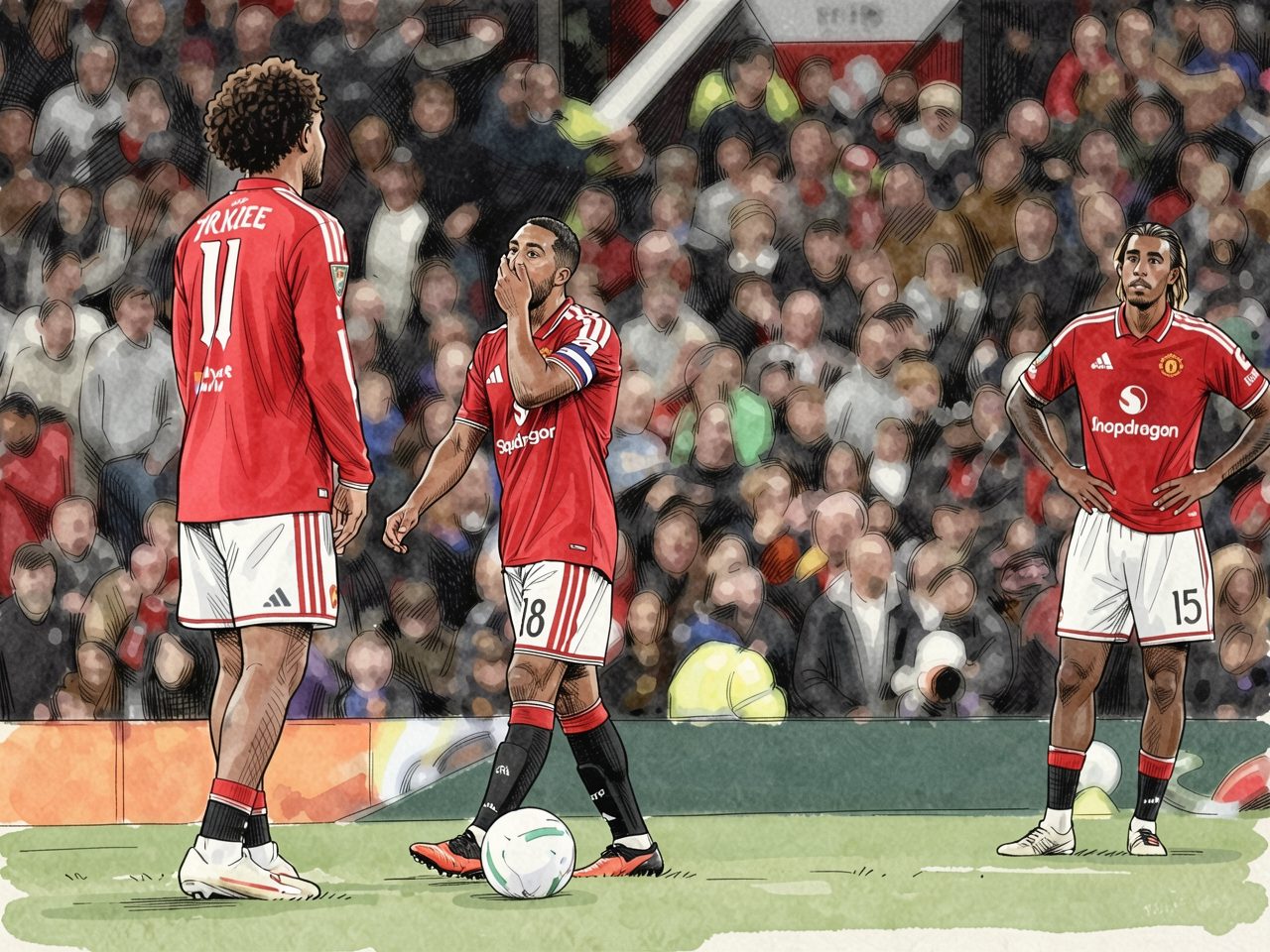 Three football players in red shirts stand on the pitch, one covering his mouth