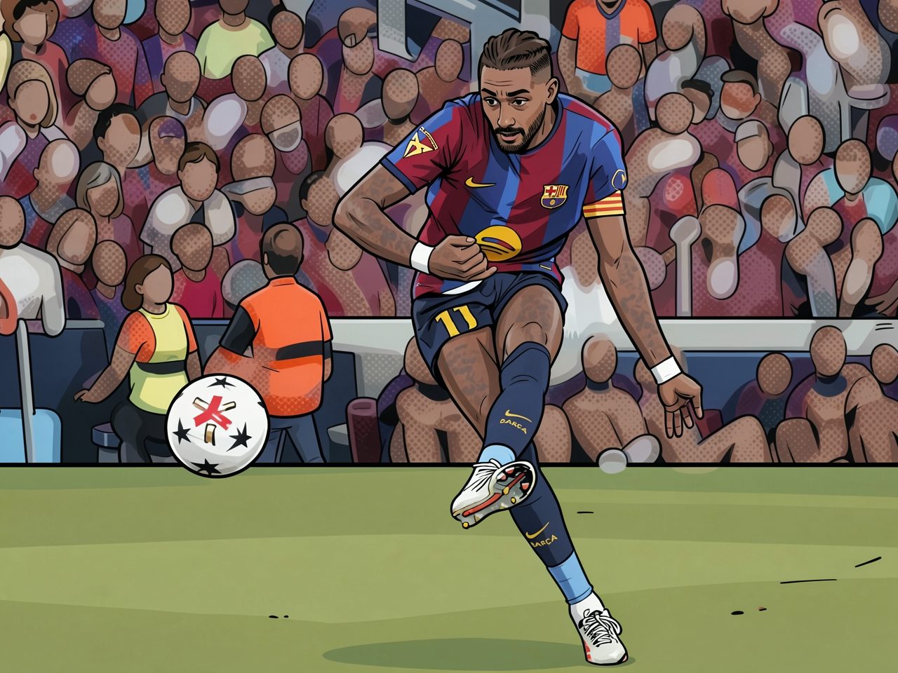 A football player in a blue and red kit kicks a ball during a match.