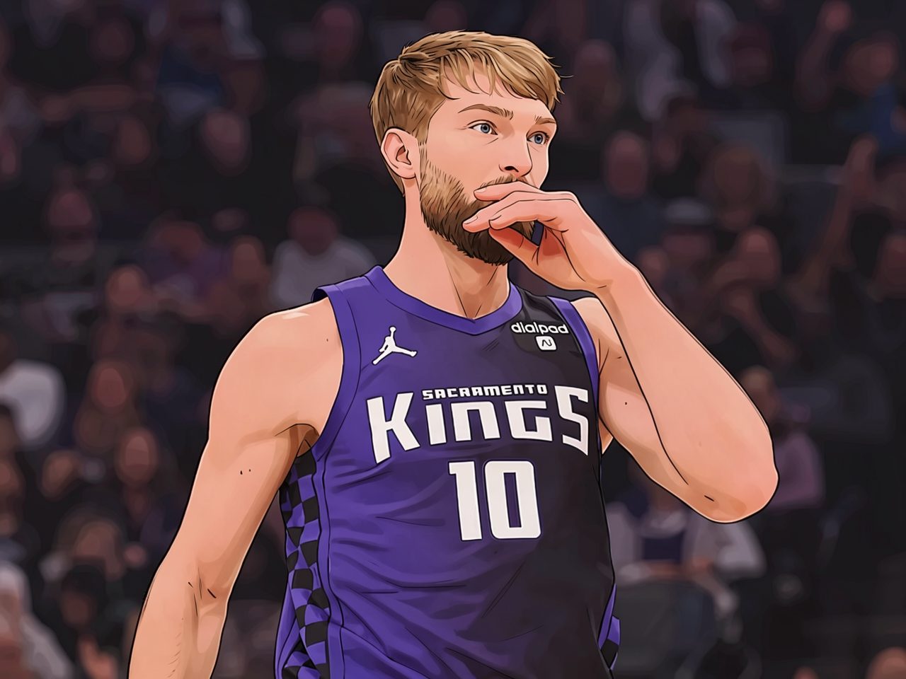 Ein Basketballspieler in einem violetten Trikot mit der Nummer 10 steht auf dem Platz und blickt nachdenklich zur Seite.