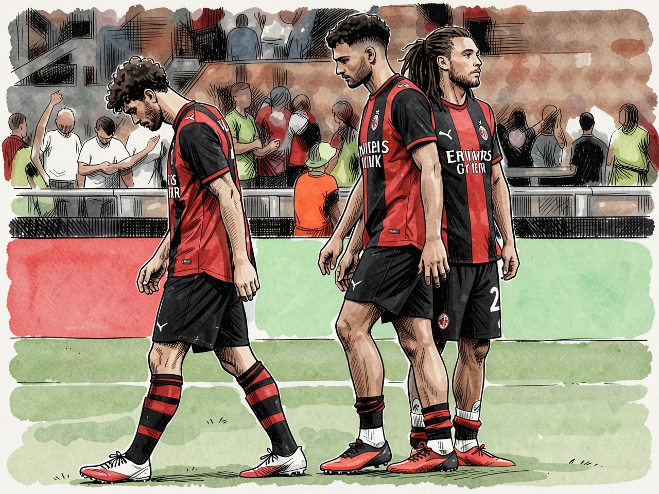 Three football players in red and black kits walk on the pitch