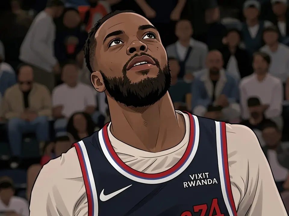 Basketball player in dark blue jersey with red and white trim looks upward. Chest reads «VIXIT RWANDA». Spectators visible in arena background.
