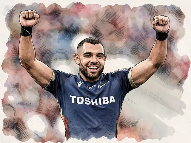 Спортсмен в синей форме поднимает руки в праздновании на фоне стадиона