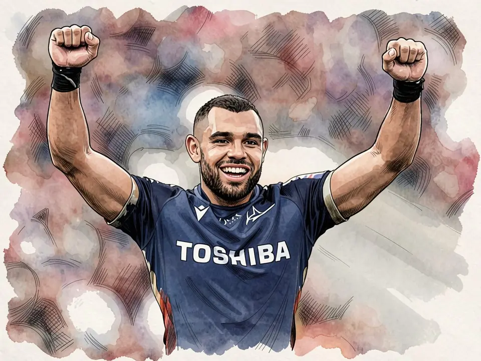 Джо Маршант в форме «Сейл Шаркс» с надписью TOSHIBA поднимает кулаки в праздновании
