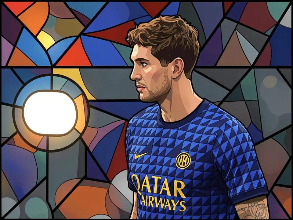 John Stones in der blauen Inter-Uniform mit Qatar Airways-Logo vor einem Buntglas-Hintergrund