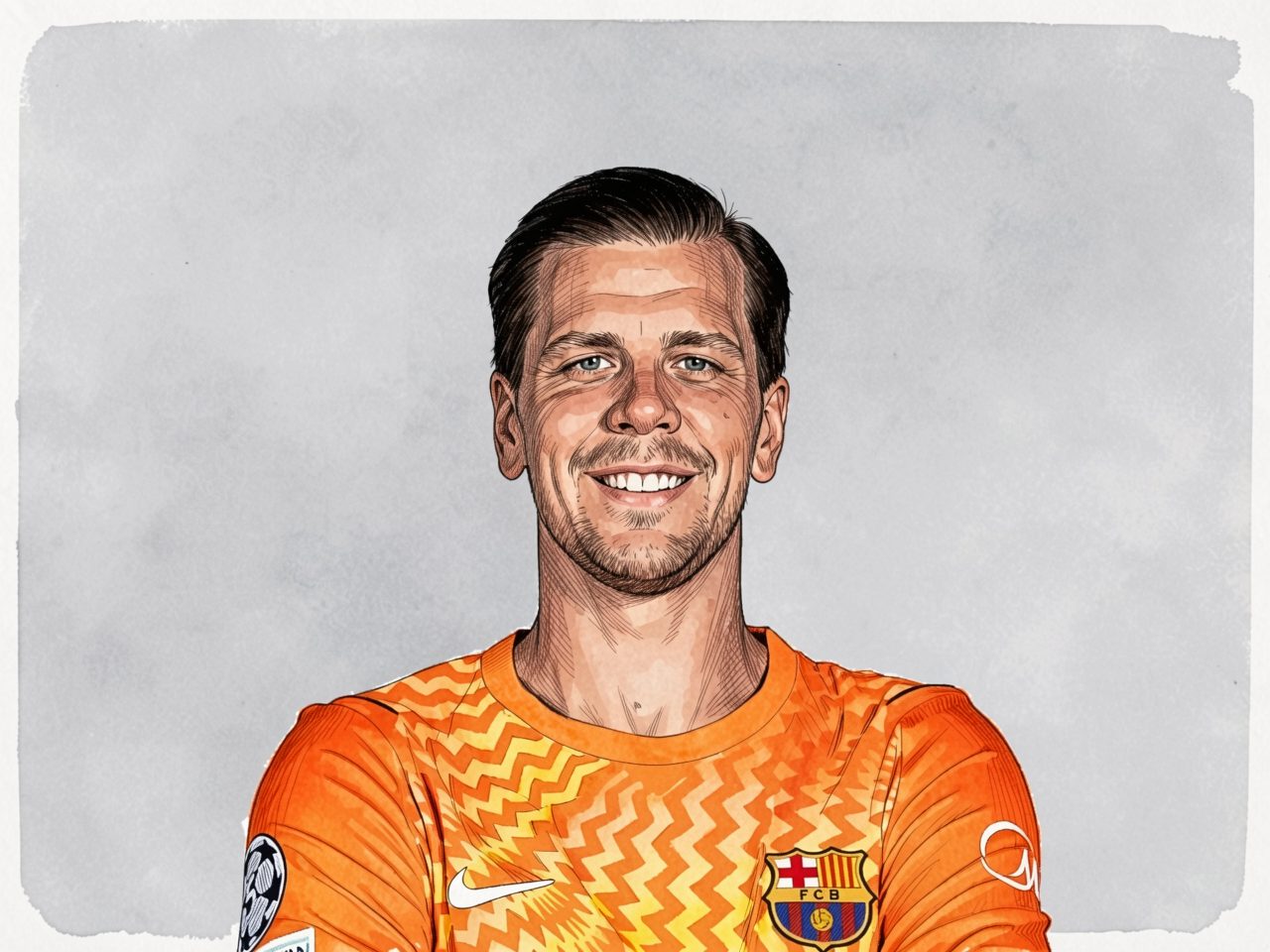Torwart in orangefarbenem Trikot mit gelbem Muster, Porträtaufnahme.