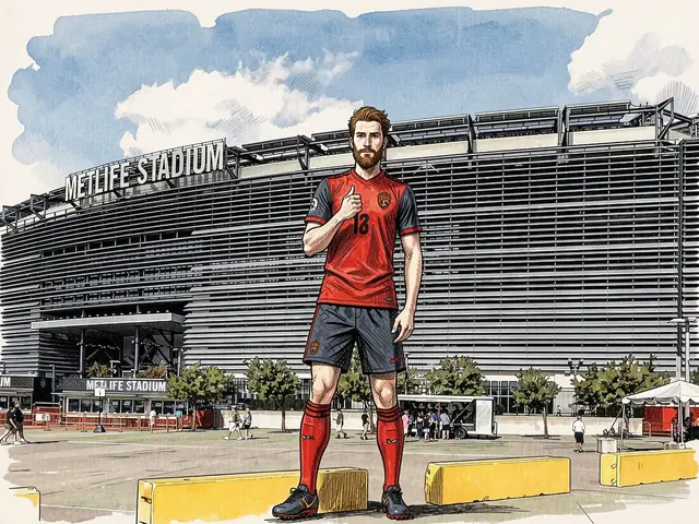 Игрок в красной футболке и синих шортах стоит перед стадионом METLIFE STADIUM, показывая большой палец вверх