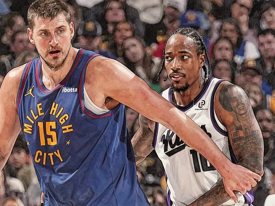 DeRozan in Kings-Weiß und Jokic in Denver-Blau auf dem Platz