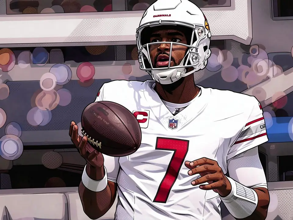 Quarterback Jacoby Brissett in weißem Cardinals-Trikot mit Nummer 7 hält einen Football