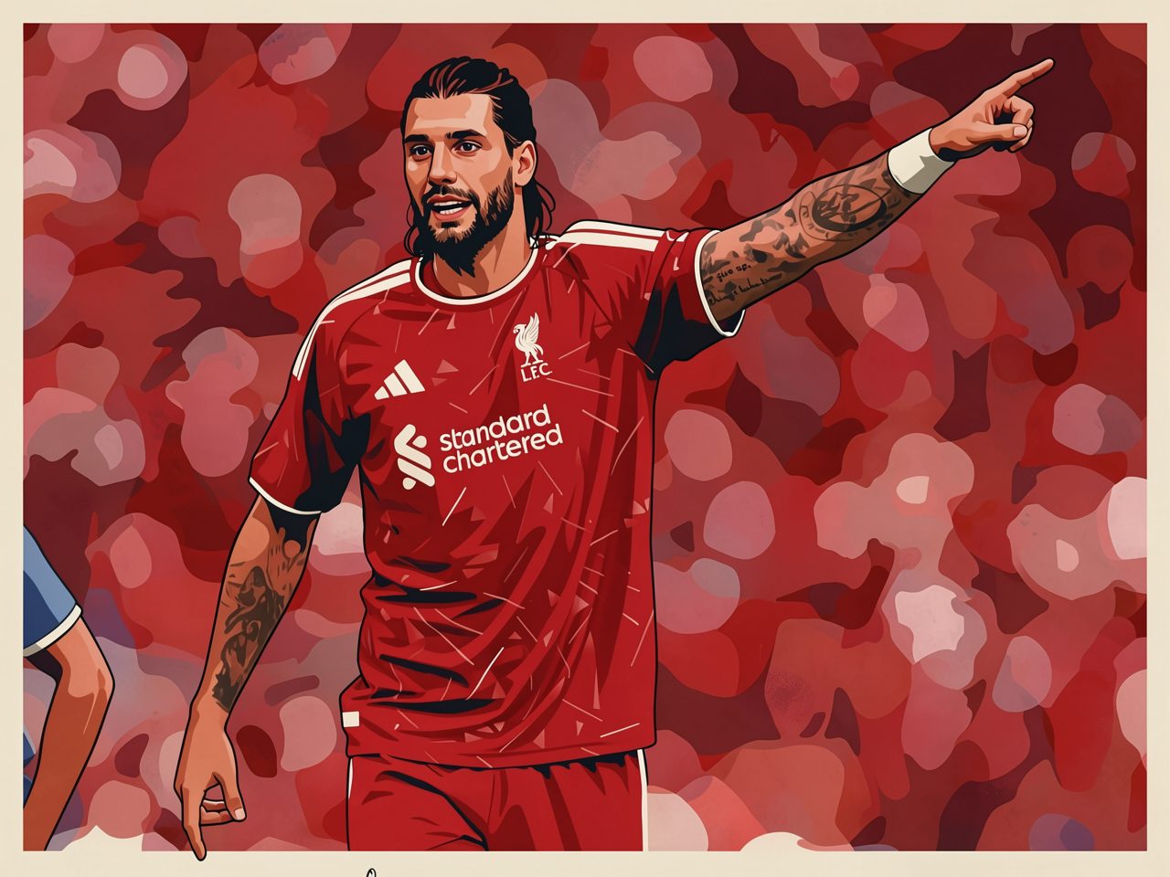 Midfielder Szoboszlai in Liverpool's red kit points with his right hand, the club crest and Standard Chartered sponsor visible on his chest