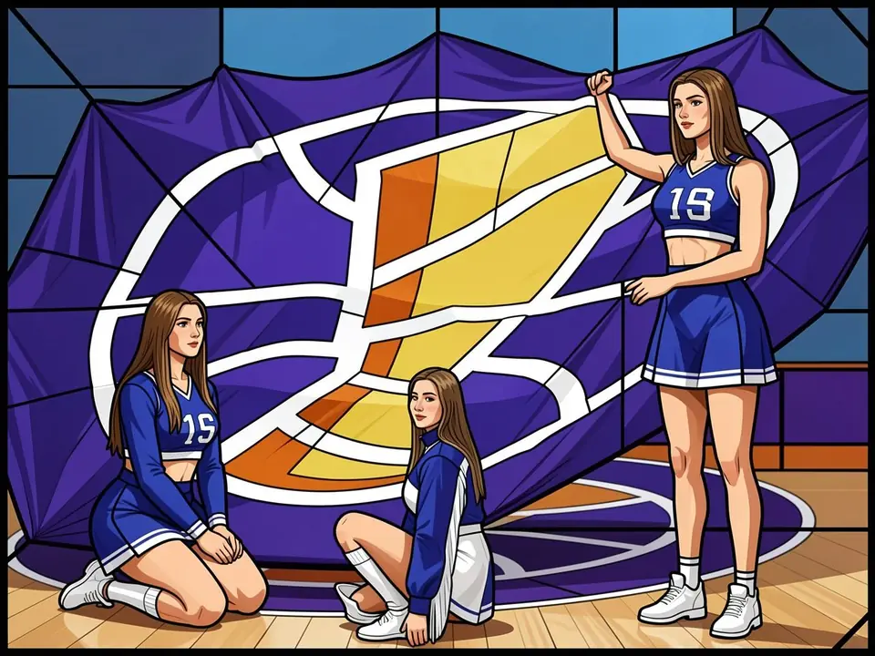Three cheerleaders in blue uniforms with number 15 pose before a large purple banner with yellow-orange logo on a basketball court