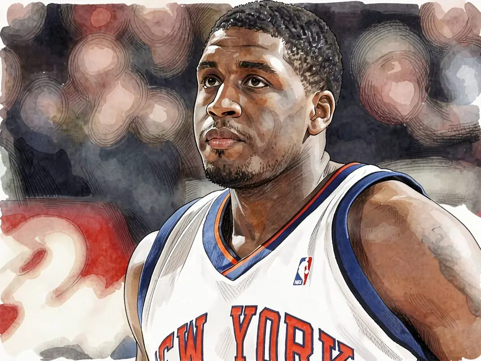Michael Sweetney in a white New York Knicks jersey with blue and orange trim, the words «NEW YORK» and the NBA logo visible.