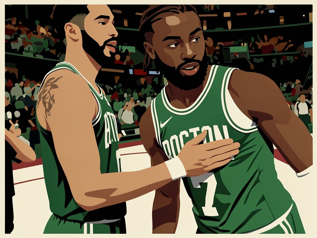 Two Boston Celtics players in green jerseys talk on the court during a game.