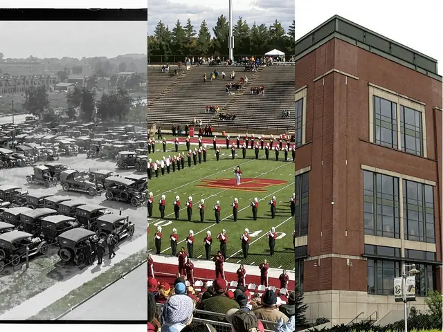 Triptychon: links Schwarz-Weiß-Foto mit Oldtimern, Mitte marschierendes Orchester auf Footballfeld, rechts Ziegelgebäude