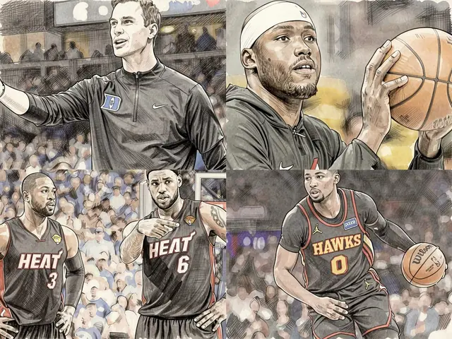 Vier Basketballspieler in verschiedenen Trikots: einer in blauer Jacke, zwei in HEAT-Trikots und einer in HAWKS-Uniform