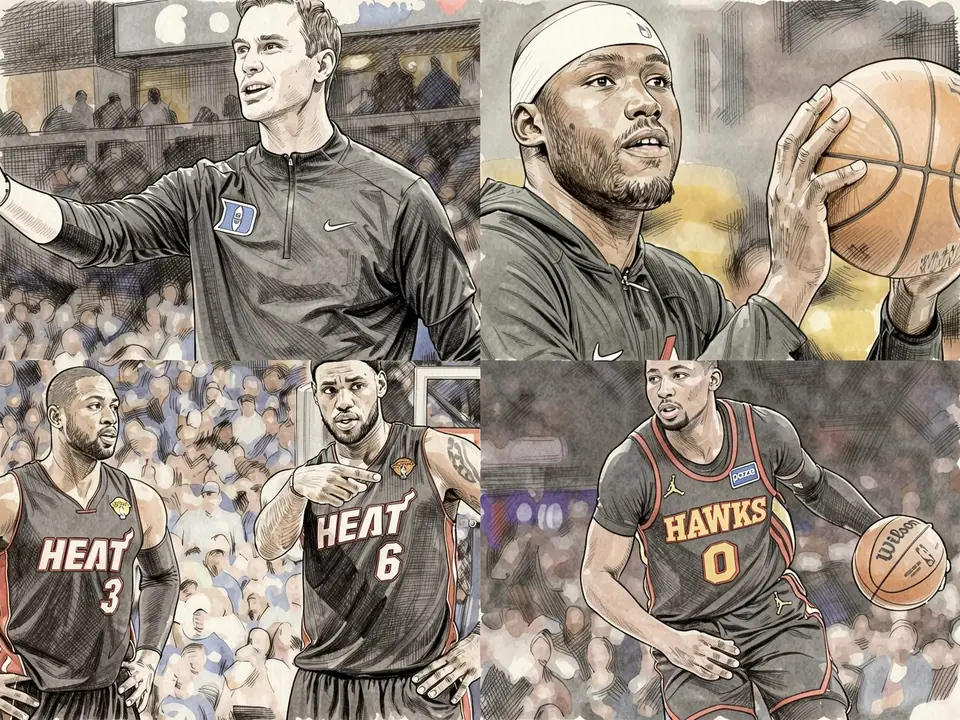 Four basketball players in different kits: one in a blue university jacket, two in HEAT jerseys and one in a HAWKS uniform