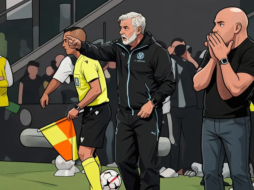 Marseille-Trainer Genesio zeigt auf das Spielfeld neben einem Schiedsrichterassistenten in Gelb, ein Dritter in Schwarz beobachtet besorgt