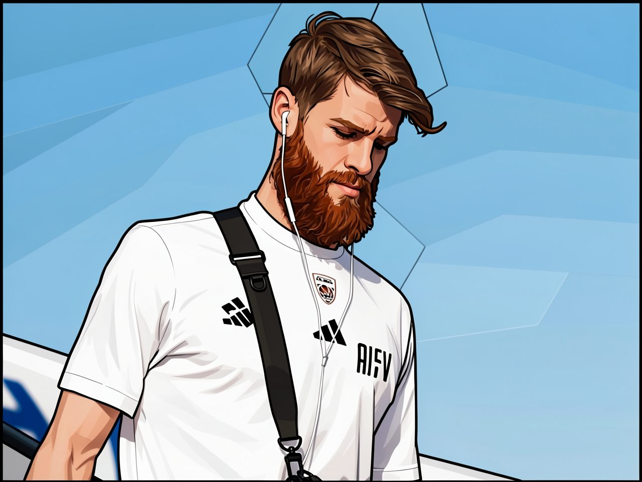 Portrait of a bearded man in a white t-shirt and earphones against a blue sky.