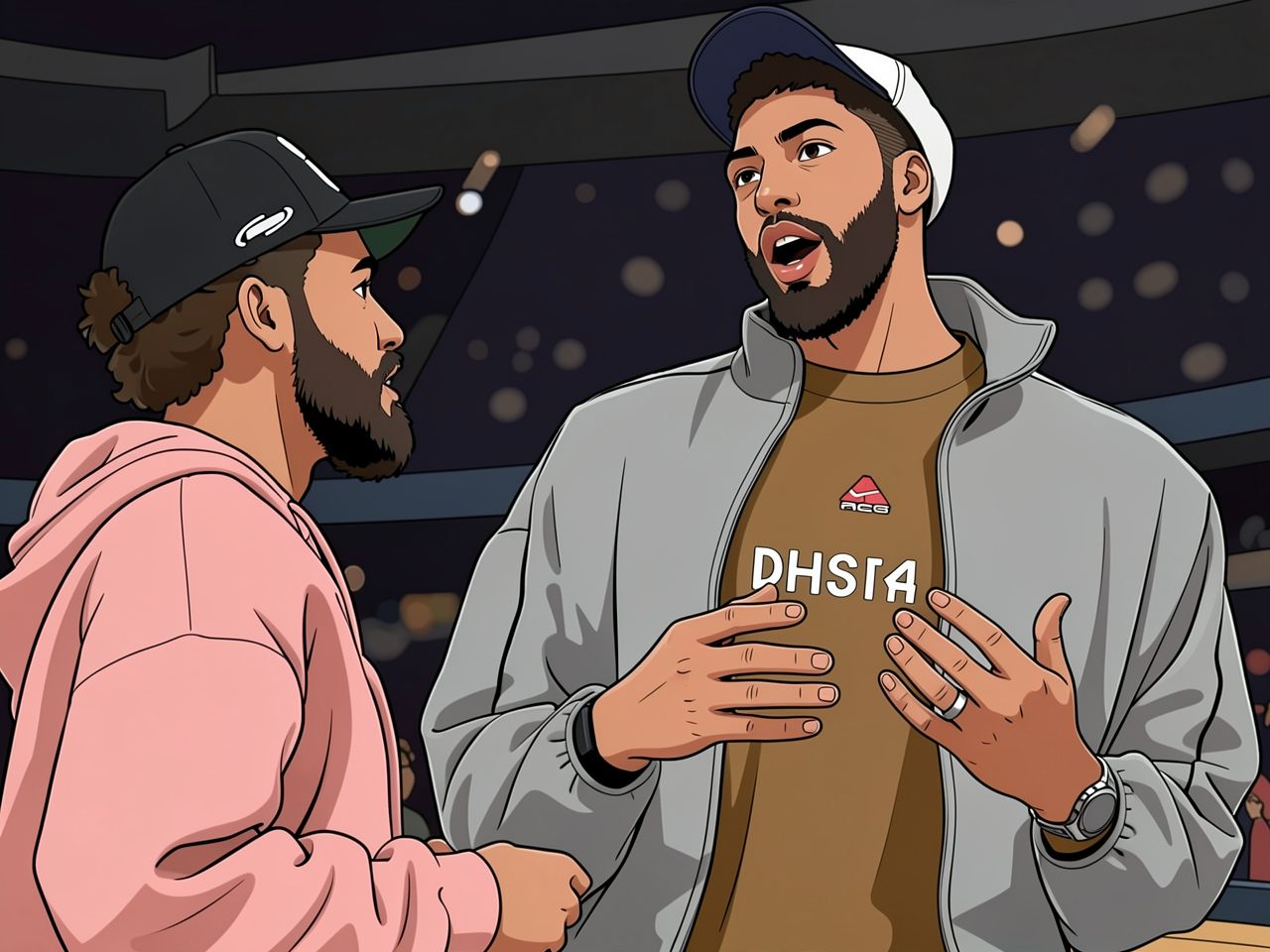 Zwei Männer unterhalten sich auf einem Basketballplatz vor dem Hintergrund verschwommener Arena-Leuchten.