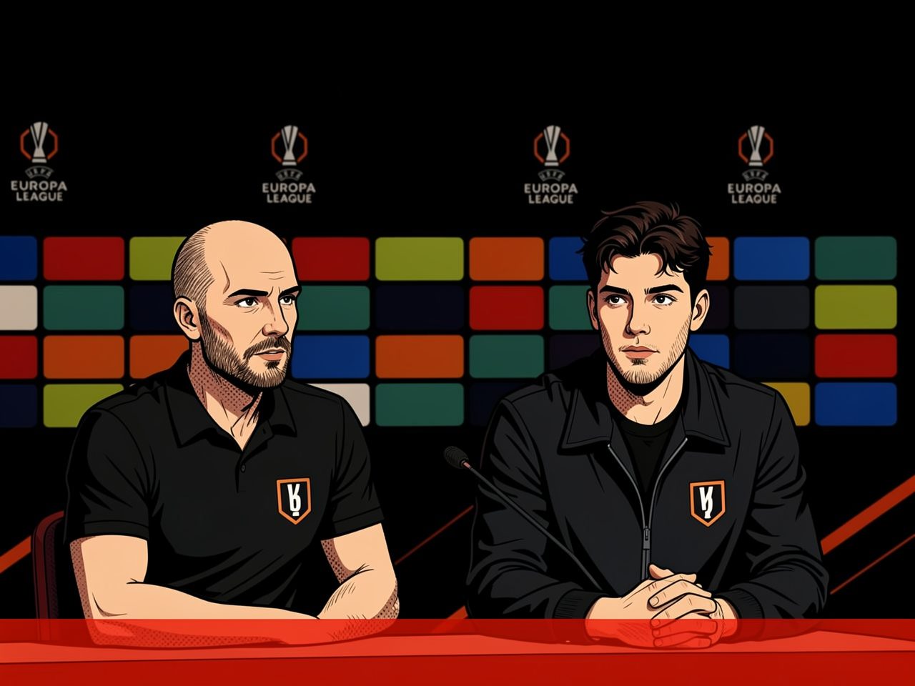 Zwei Männer auf einer Pressekonferenz vor einer Europa-League-Wand