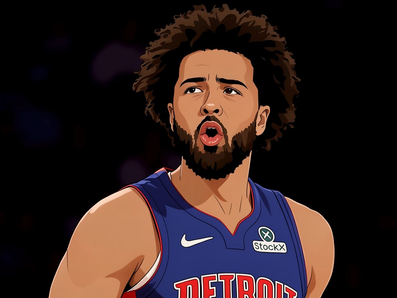 A basketball player in a blue jersey with an afro and beard, whistling or shouting.