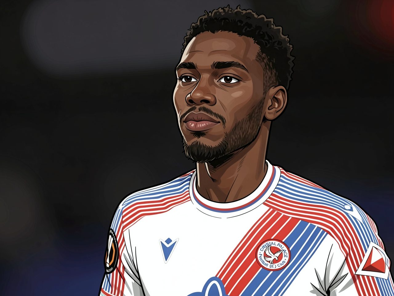 Portrait of a football player in a white jersey with red and blue stripes.