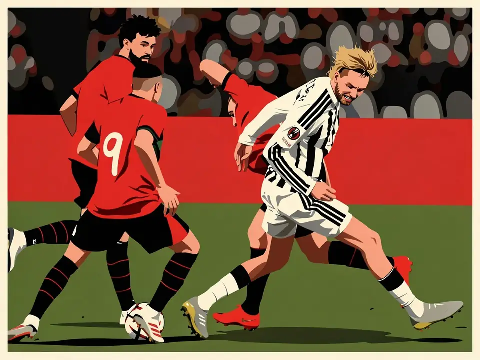 Nik Woltman in Juventus black and white kit runs with the ball while NEK players in red shirts chase him