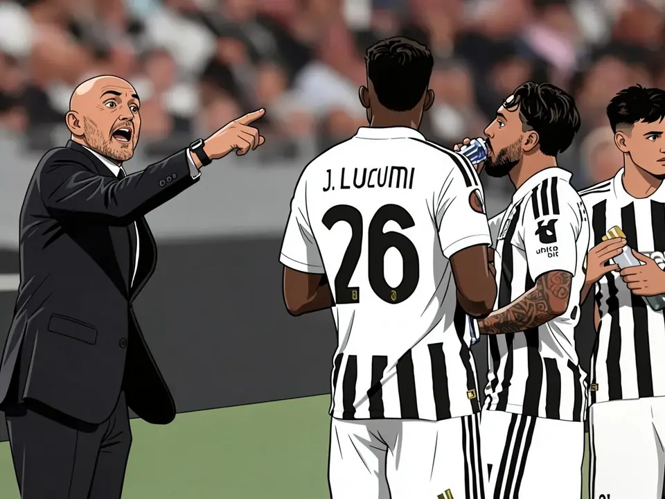 Juventus coach Luciano Spalletti in a black suit points at players on the pitch. One player in a white jersey with 'J. LUCUMI' and number 26 on the back stands with his back to the camera. Two footbal