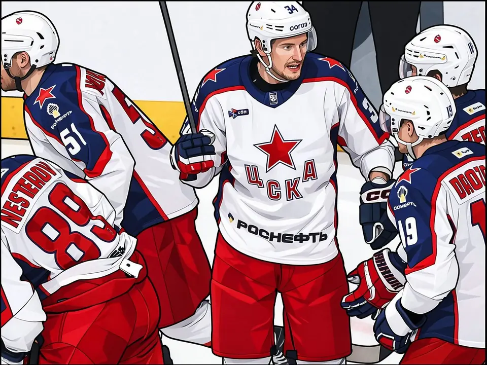 CSKA players in white and blue kits with red star discuss game on ice