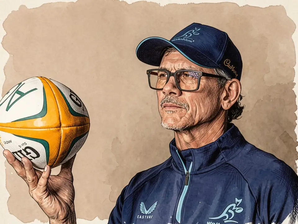 Trainer der australischen Rugby-Nationalmannschaft Les Kiss in blauer Wallabies-Kleidung hält einen Rugbyball.