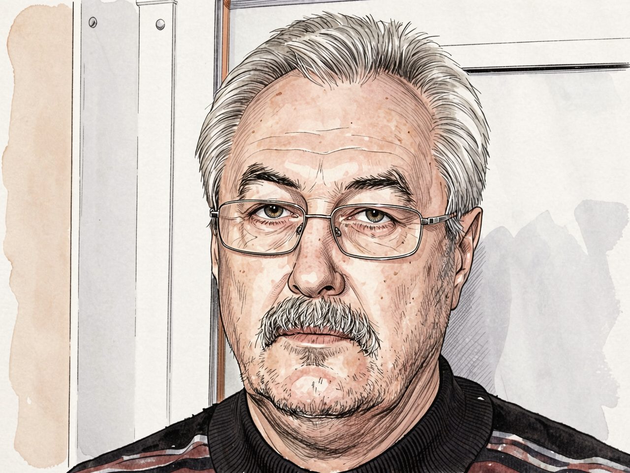 Porträt eines Mannes mit grauen Haaren und Schnurrbart, der eine Brille und einen dunklen Pullover mit Streifen trägt.