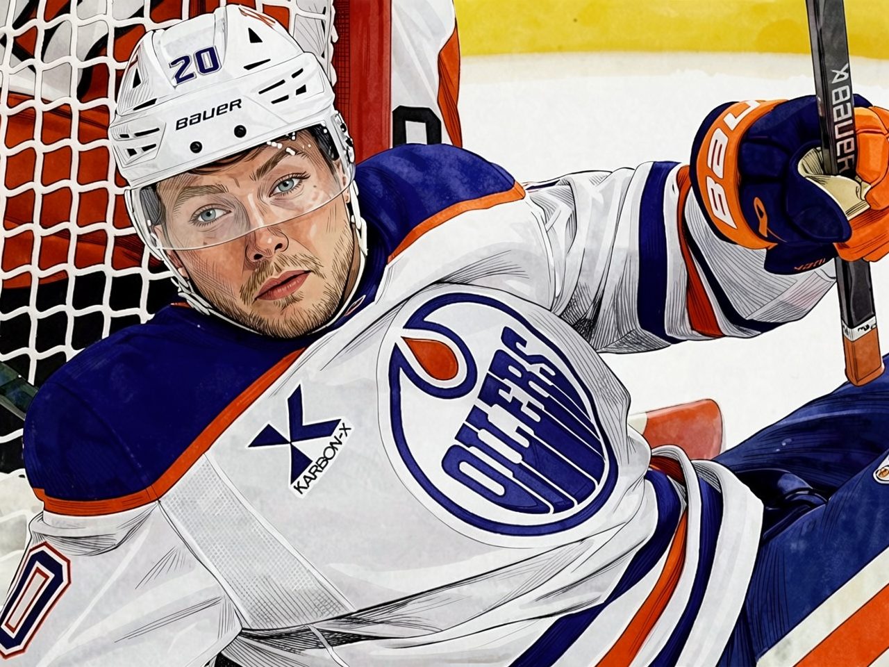 Curtis Lazar in Edmonton Oilers kit holding stick near net