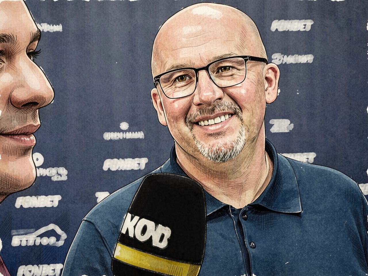 A bald man with glasses and a goatee smiles at the camera during a press conference.