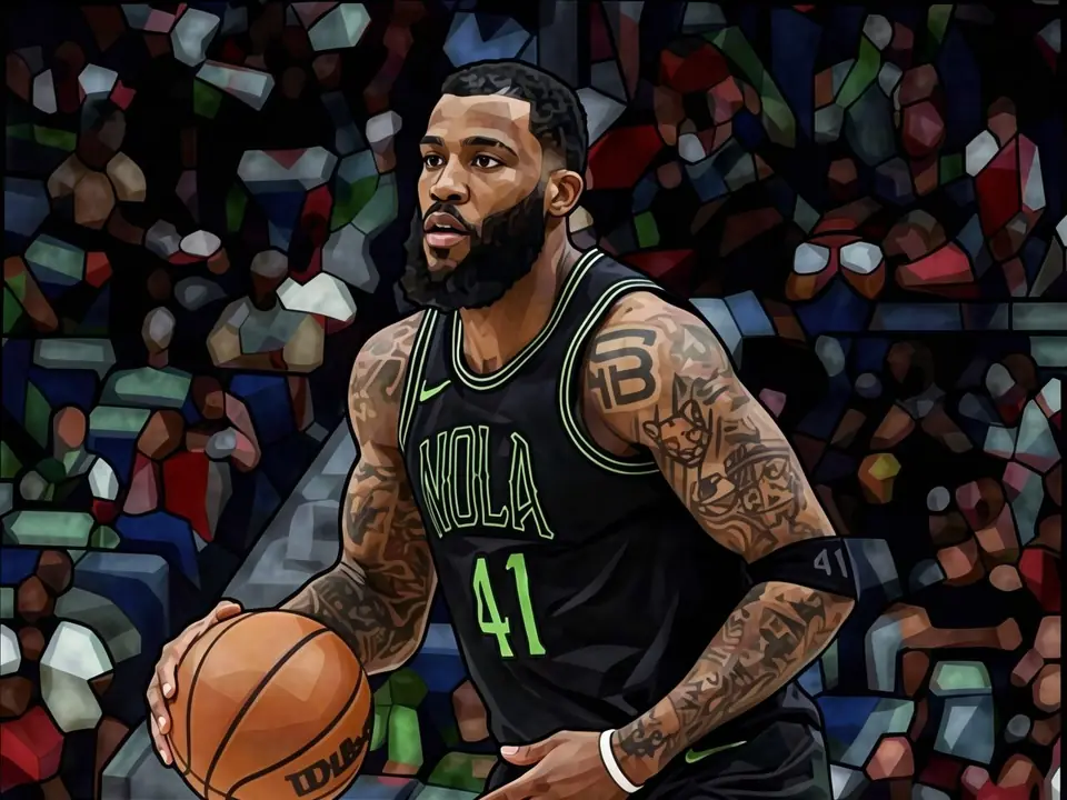 Saddiq Bey in schwarzem New Orleans-Trikot mit Nummer 41 hält einen Basketball